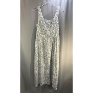 Arula A Line Dress Womens White Blue Leafs Print Sleeveless Smocked Scoop Neck